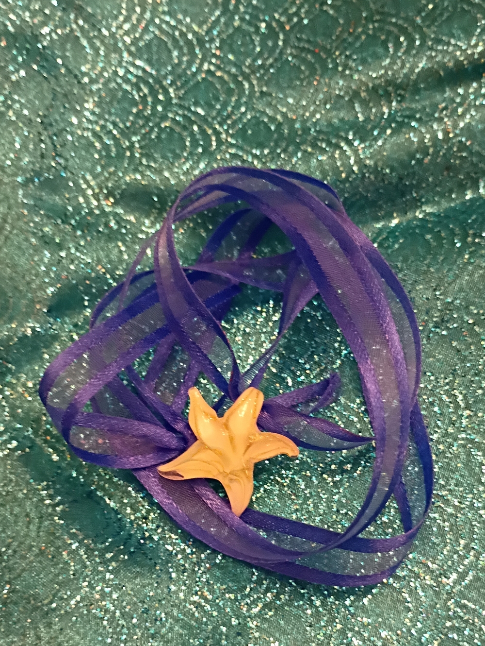 White Starfish Pendant on Sheer Blue Ribbon Necklace